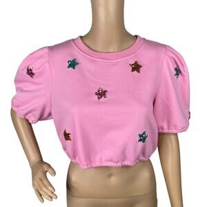 Bubblegum Pink Sequin Stars Puff Sleeve Crop Top SZ L